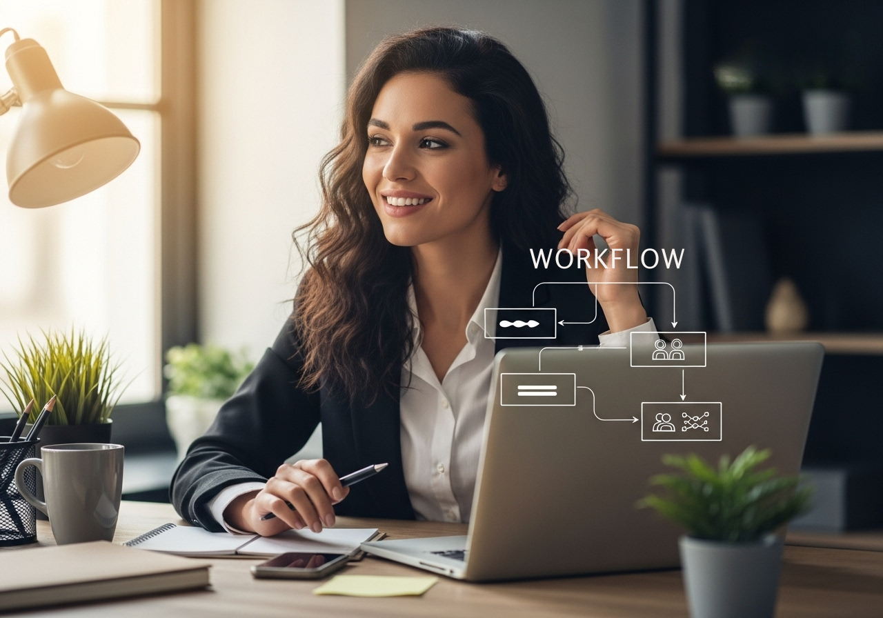 donkerblonde dame kijkt naar links tevreden nadenkend over de AI workflow toepassing