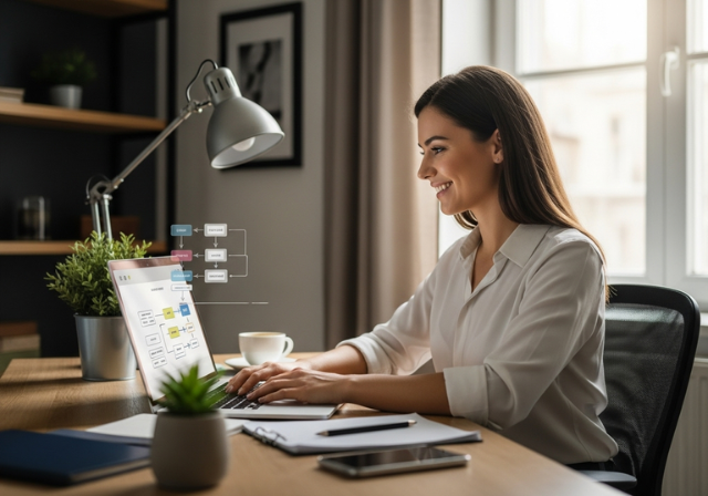 donkerblonde dame achter haar laptop voor een raam, kijkt tevreden naar de AI workflow